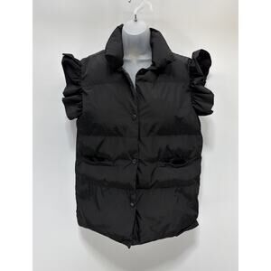 Bucket List Down Black Ruffle Sleeve Puffer Vest Collared Sleeveless Jacket L